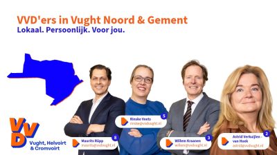 Astrid Verkuijlen - van Hoek (kandidaat-raadslid nummer 2), Willem Kraanen (kandidaat-raadslid nummer 3), Rinske Voets (Kandidaat-Raadslid nummer 5) en Maurits Rüpp (kandidaat-raadslid nummer 8) vertegenwoordigen samen Vught Noord en de Gement tijdens de aankomende bestuurdersperiode en campagne voor de gemeenteraadsverkiezingen in de gemeente Vught.