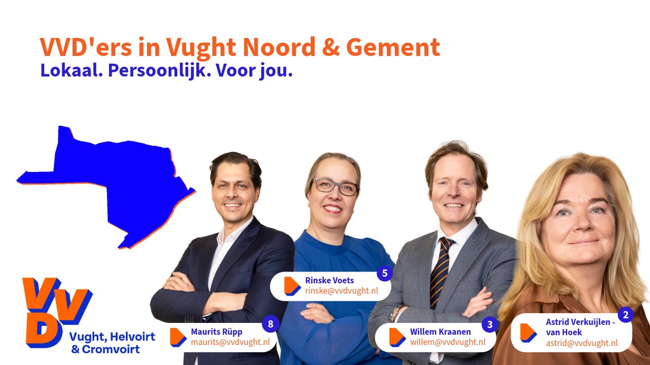 Astrid Verkuijlen - van Hoek (kandidaat-raadslid nummer 2), Willem Kraanen (kandidaat-raadslid nummer 3), Rinske Voets (Kandidaat-Raadslid nummer 5) en Maurits Rüpp (kandidaat-raadslid nummer 8) vertegenwoordigen samen Vught Noord en de Gement tijdens de aankomende bestuurdersperiode en campagne voor de gemeenteraadsverkiezingen in de gemeente Vught.