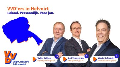 Walter Gubbels (kandidaat-raadslid nummer 10), Bert Timmermans (kandidaat-raadslid nummer 9) en Wouter Schreuder (Kandidaat-Raadslid nummer 1) vertegenwoordigen samen Helvoirt tijdens de aankomende bestuurdersperiode en campagne voor de gemeenteraadsverkiezingen in de gemeente Vught.
