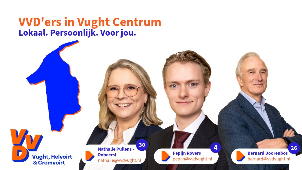 Pepijn Rovers (kandidaat-raadslid nummer 4), Nathalie Pullens - Robeerst (kandidaat-raadslid nummer 30) en Bernard Doorenbos (kandidaat-raadslid nummer 26) vertegenwoordigen samen Vught Centrum tijdens de aankomende bestuurdersperiode en campagne voor de gemeenteraadsverkiezingen in de gemeente Vught.