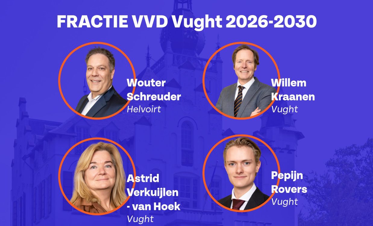 Een foto van de nieuwe VVD Vught fractie, bestaande uit Wouter Schreuder, Astrid Verkuijlen - van Hoek, Willem Kraanen en Pepijn Rovers.