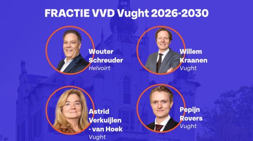 Een foto van de nieuwe VVD Vught fractie, bestaande uit Wouter Schreuder, Astrid Verkuijlen - van Hoek, Willem Kraanen en Pepijn Rovers.