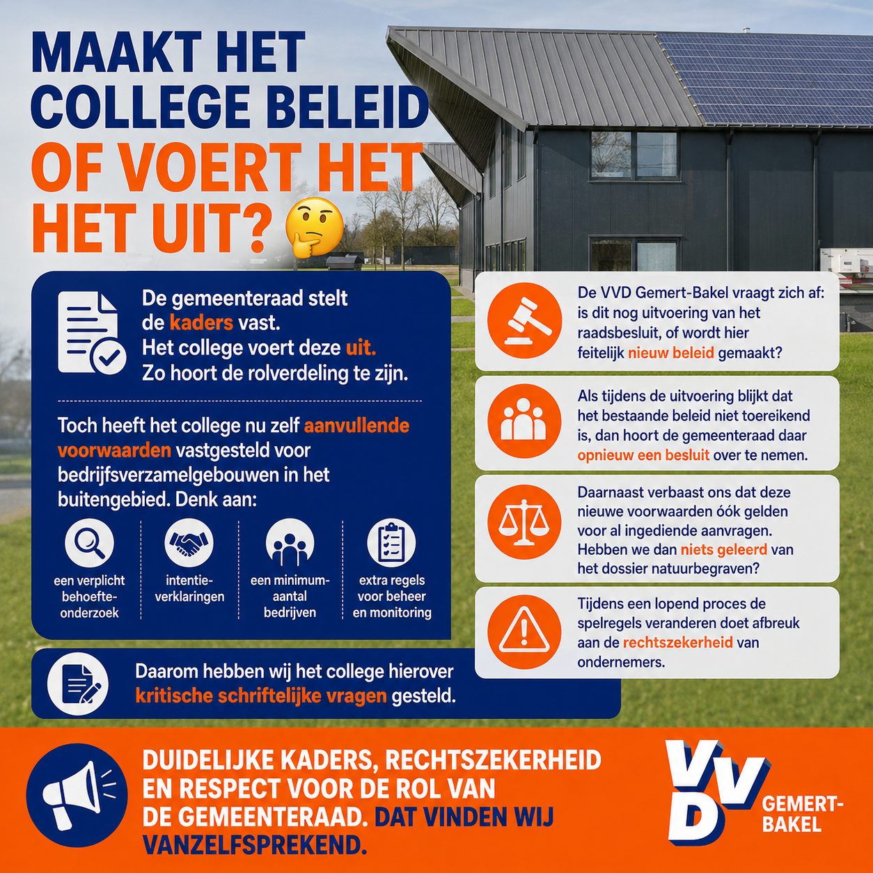 VVD Gemert-Bakel stelt kritische vragen over aanvullende voorwaarden bedrijfsverzamelgebouwen.