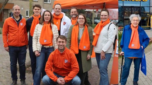 VVD Zoeterwoude fractie bij kraampje tijdens verkiezingsmarkt Zoeterwoude op de Rijndijk