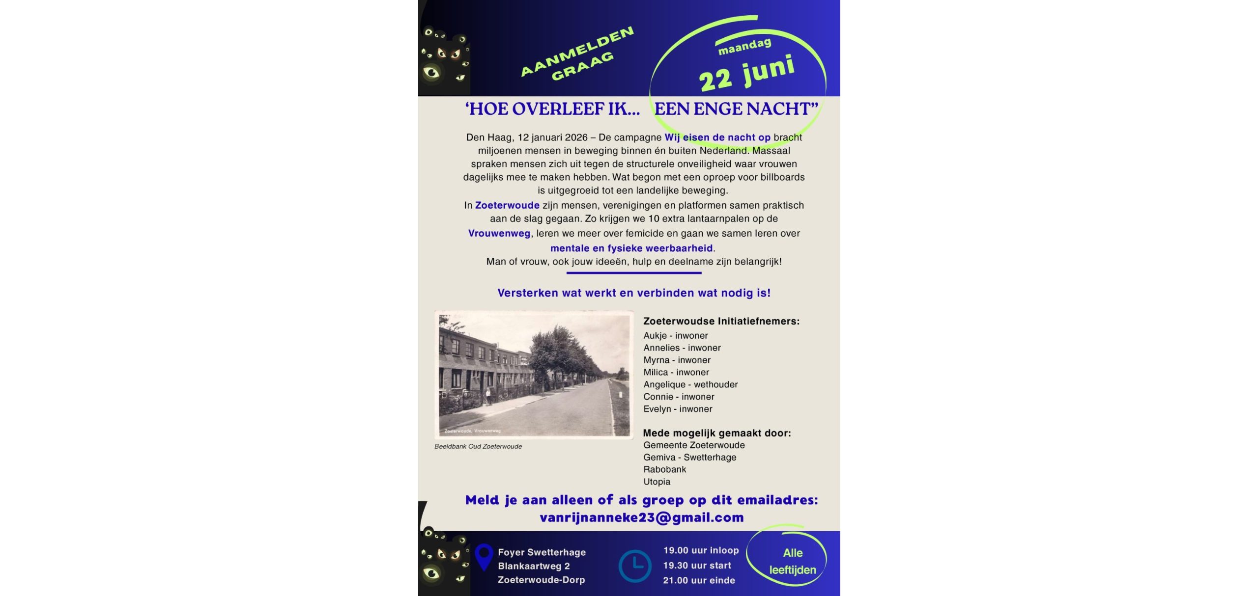 Informatie over vrouwveiligheid in Zoeterwoude en de bijeenkomst Hoe overleef ik een enge nacht